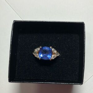 Technibond Gold Over 925, Tanzanite Cushion Ring with Clear Side Stones, EUC